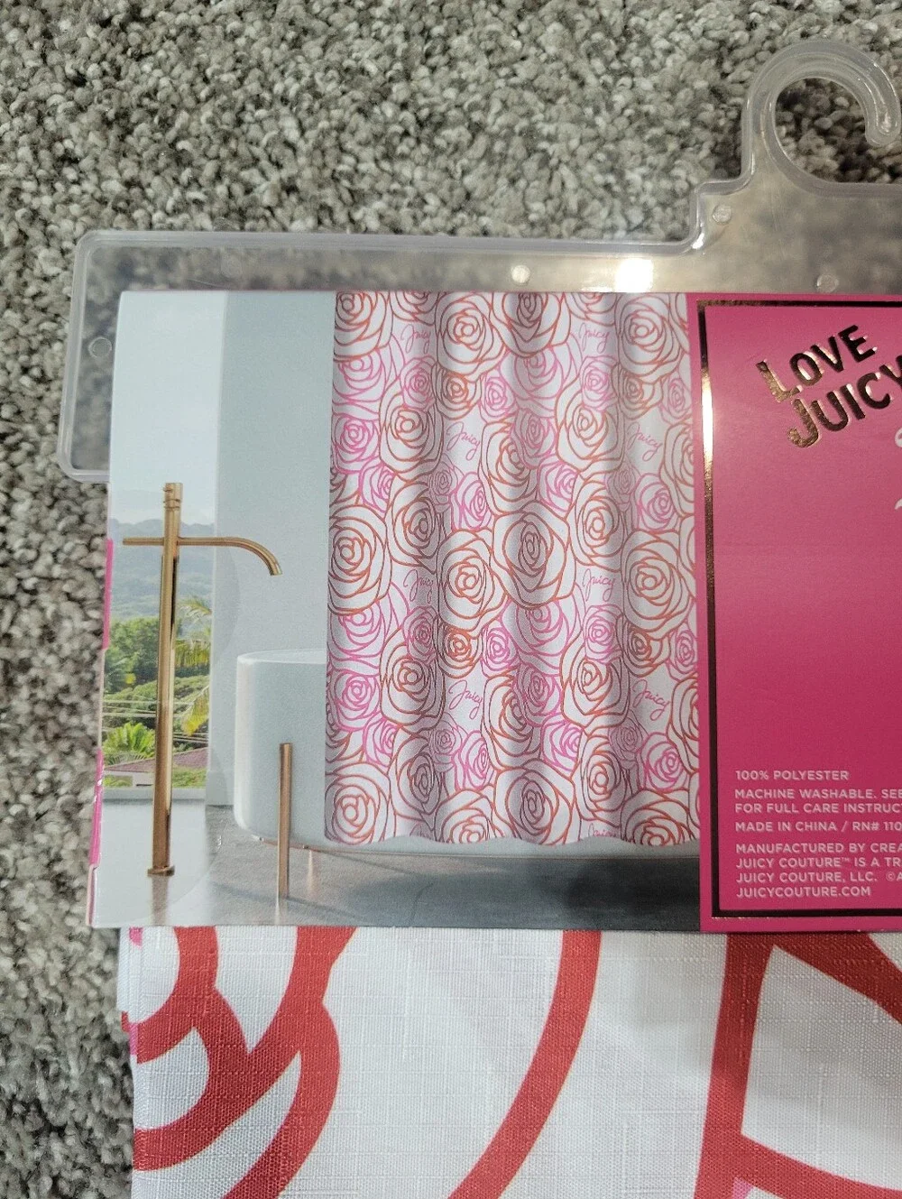 Juicy Couture Fabric Shower Curtain 72x72 Pink Red Floral Logo Spellout Y2K